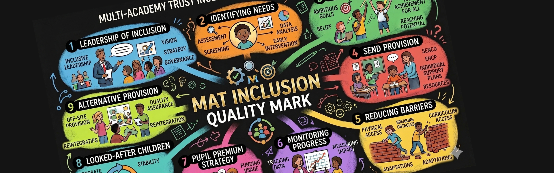 Mind map showing trust inclusion quality mark criteria with evaluation areas schools use to identify strengths and drive improvement