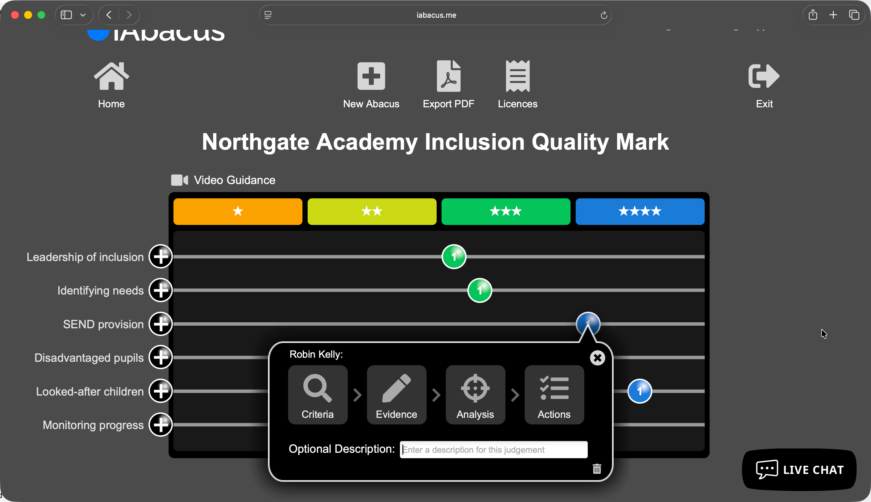 iAbacus school self-evaluation view for an Inclusion Quality Mark